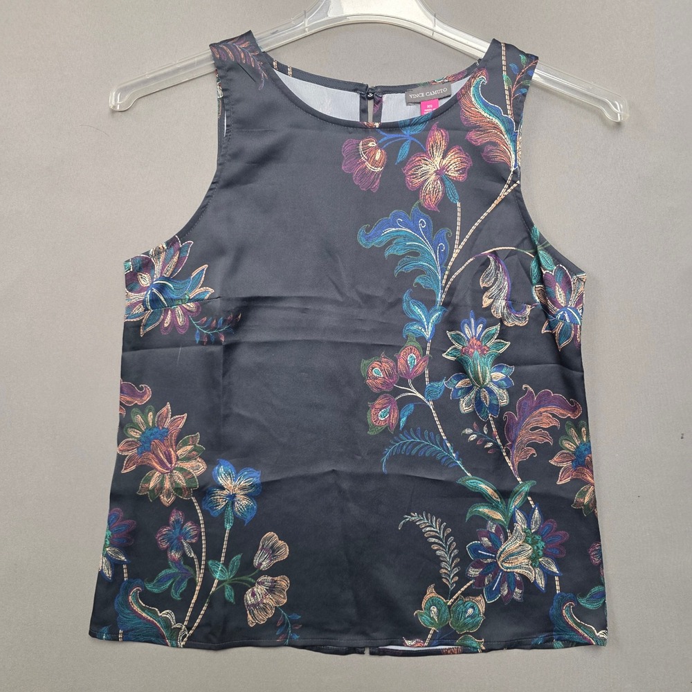 Vince Camuto Tank Top Women's Floral Satin Sleeveless Blouse Black XS